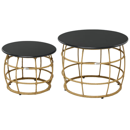 2-Piece Side Table Set, Rattan Coffee Table, Metal Tabletop, Handwoven Sofa Table for Garden, Balcony, Ø46+Ø60 cm, Sand