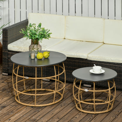 2-Piece Side Table Set, Rattan Coffee Table, Metal Tabletop, Handwoven Sofa Table for Garden, Balcony, Ø46+Ø60 cm, Sand