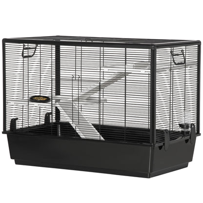 Guinea Pig and Hamster Cage with Handle, Water Tank, Ramp, and Food Dish, 80x48x58cm, Black