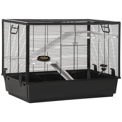 Guinea Pig and Hamster Cage with Handle, Water Tank, Ramp, and Food Dish, 80x48x58cm, Black