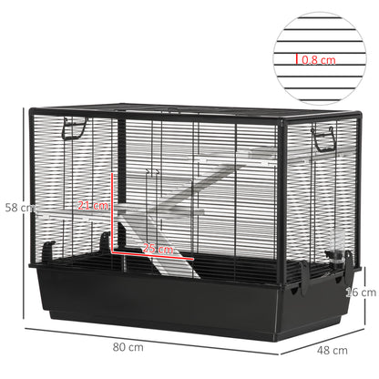 Guinea Pig and Hamster Cage with Handle, Water Tank, Ramp, and Food Dish, 80x48x58cm, Black