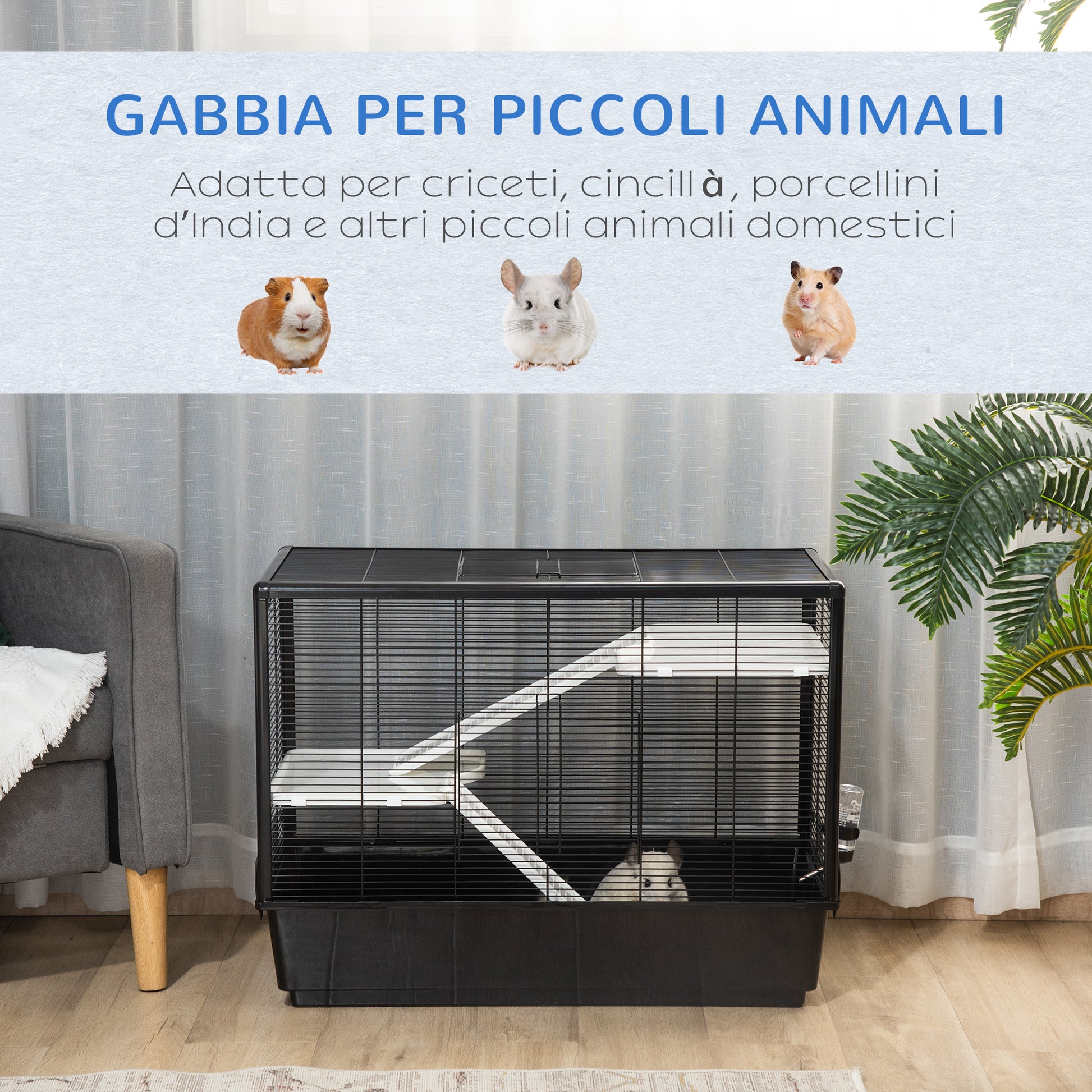 Guinea Pig and Hamster Cage with Handle, Water Tank, Ramp, and Food Dish, 80x48x58cm, Black