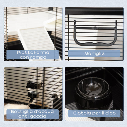 Guinea Pig and Hamster Cage with Handle, Water Tank, Ramp, and Food Dish, 80x48x58cm, Black