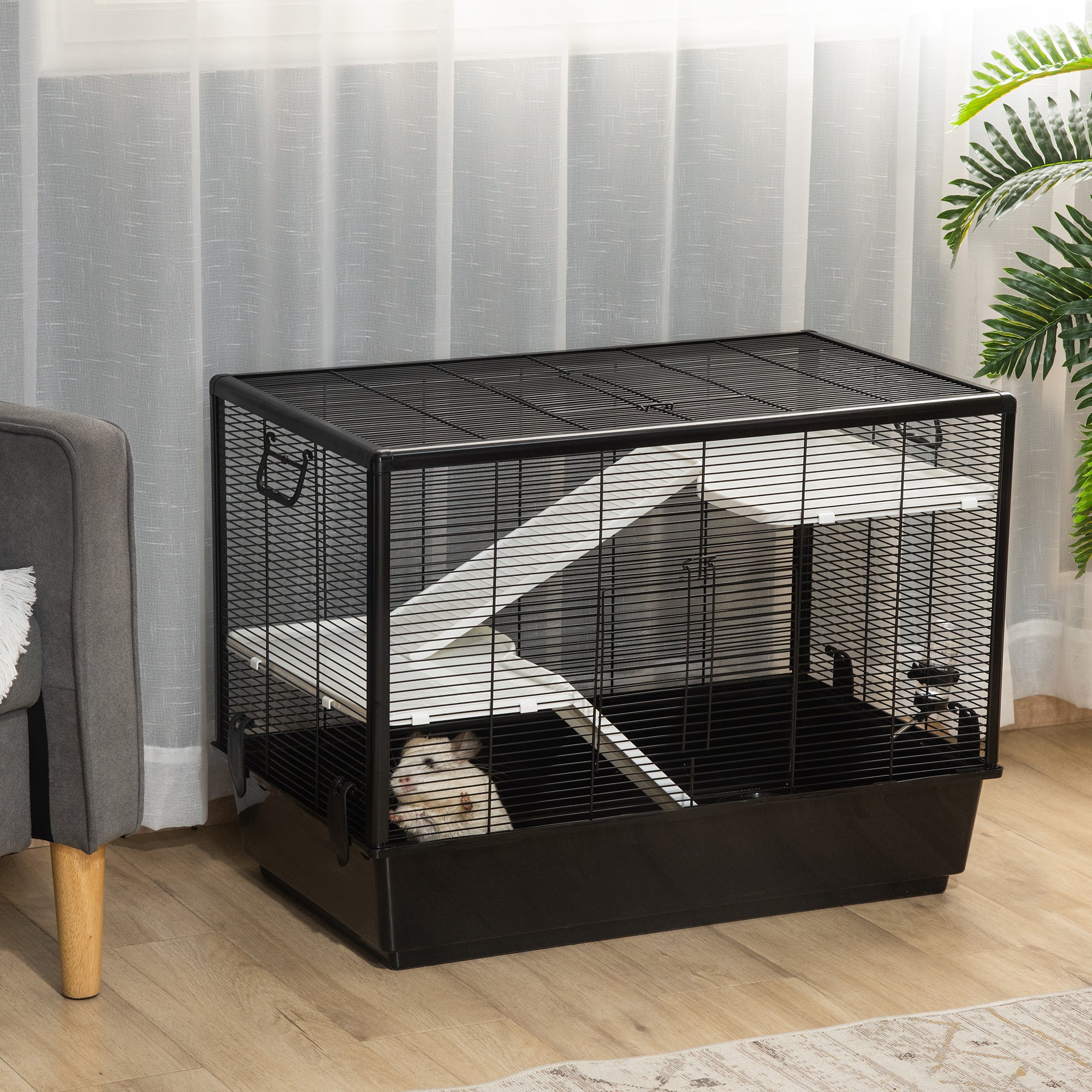 Guinea Pig and Hamster Cage with Handle, Water Tank, Ramp, and Food Dish, 80x48x58cm, Black