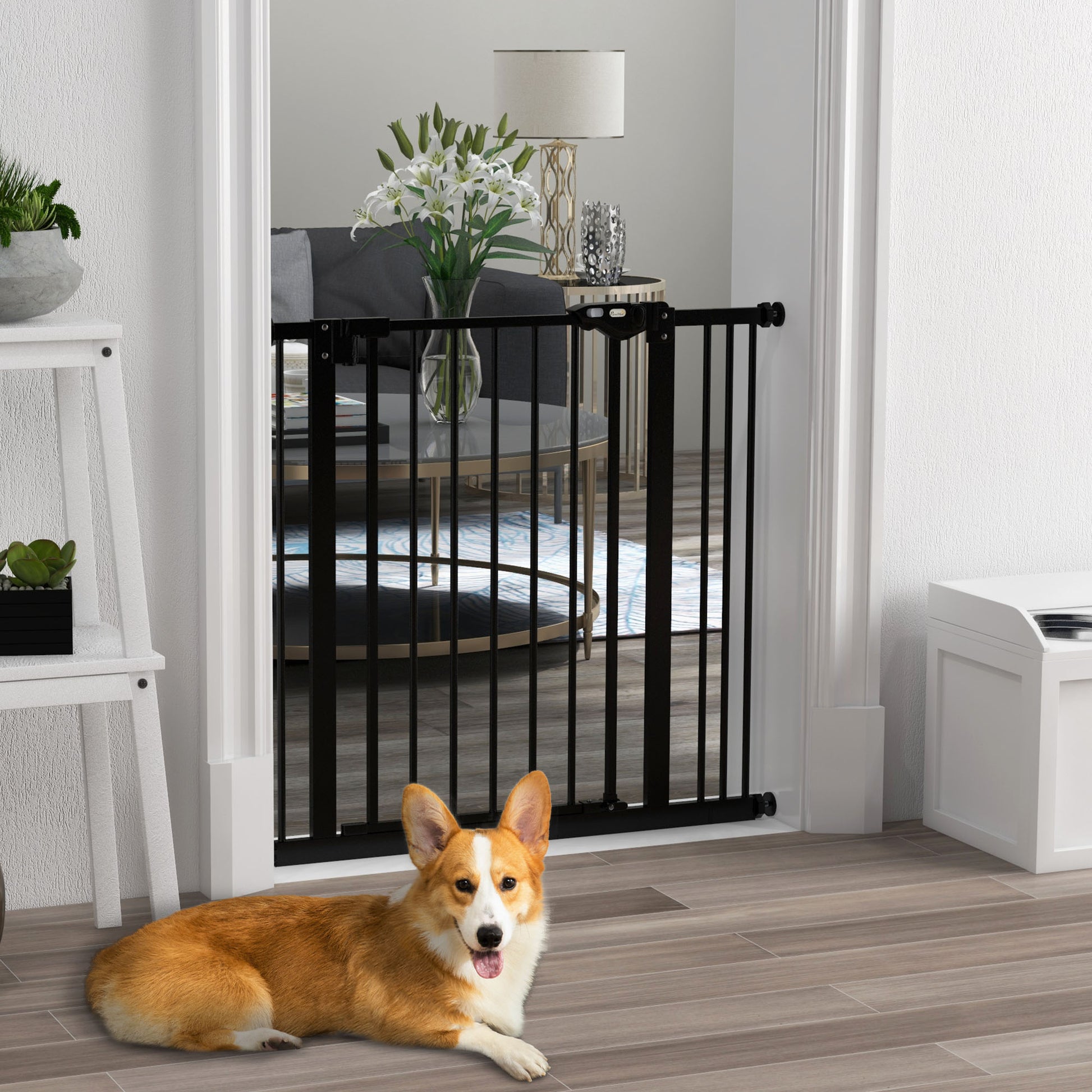 Door Guard Stair Guard with 7 cm Extension Door Gate without Drilling Stair Gate for Widths 74-87 cm Swivelable on Both Sides Metal Black