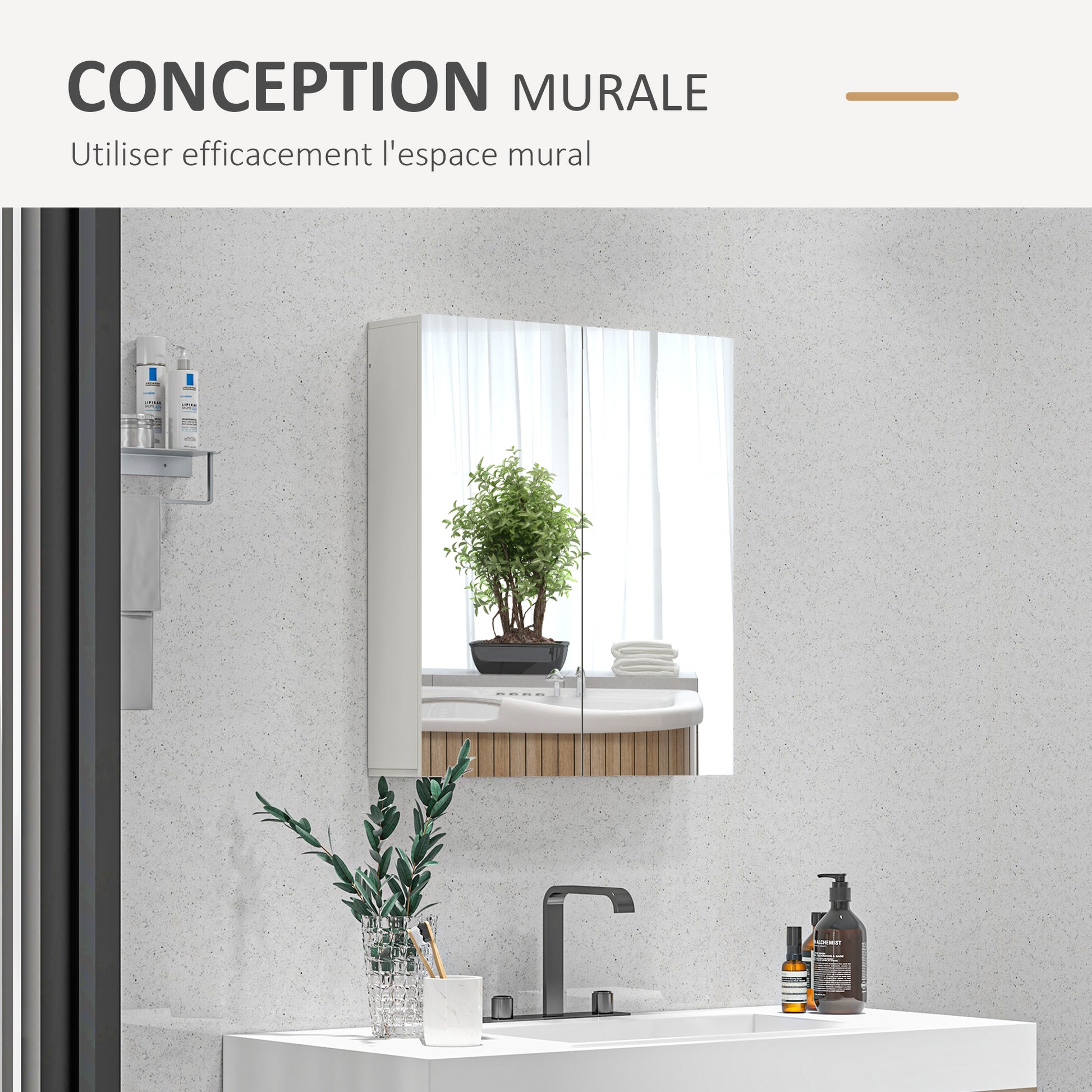 Wall-mounted bathroom cabinet, storage cupboard, 3 levels, adjustable shelf, 2 doors and mirrors, suspended cabinet, 60 x 15 x 60 cm, white