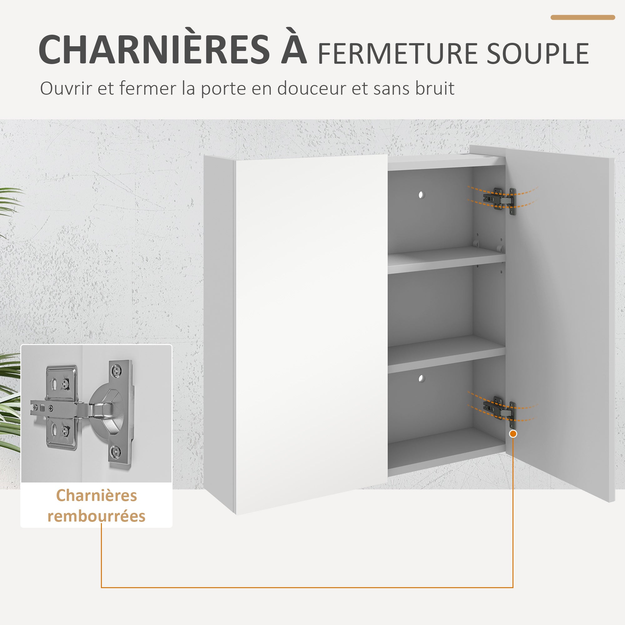 Wall-mounted bathroom cabinet, storage cupboard, 3 levels, adjustable shelf, 2 doors and mirrors, suspended cabinet, 60 x 15 x 60 cm, white