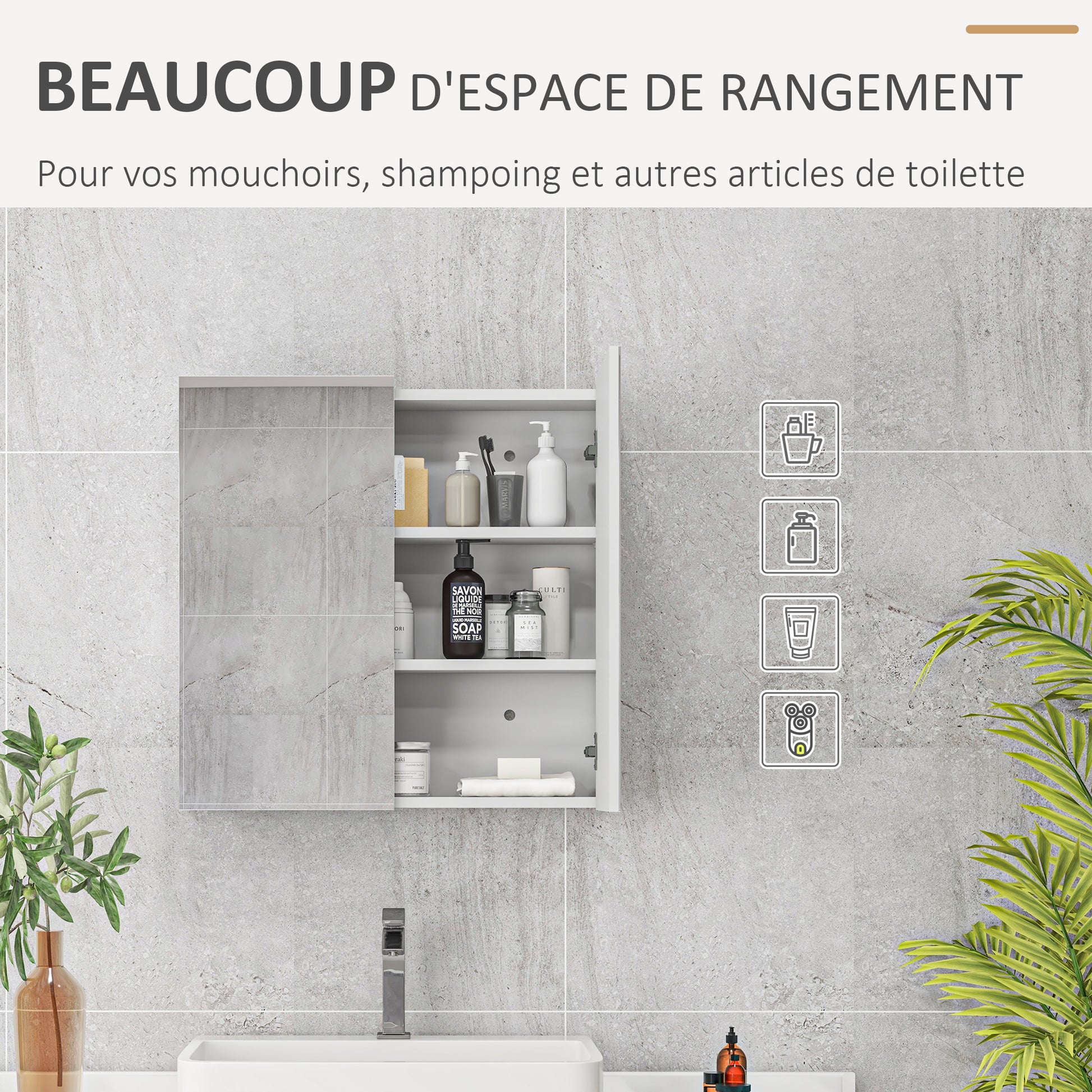 Wall-mounted bathroom cabinet, storage cupboard, 3 levels, adjustable shelf, 2 doors and mirrors, suspended cabinet, 60 x 15 x 60 cm, white