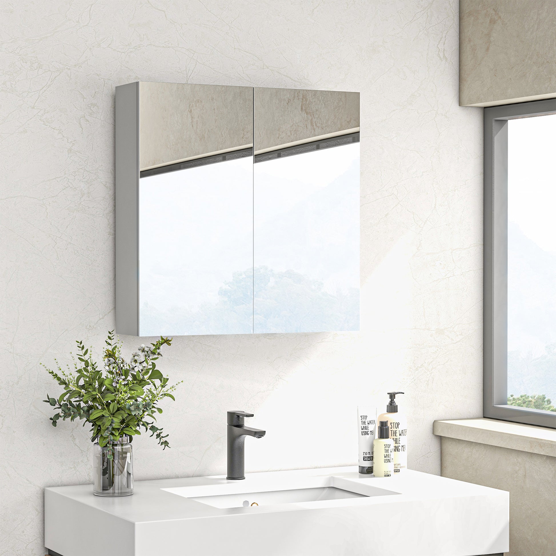 Wall-mounted bathroom cabinet, storage cupboard, 3 levels, adjustable shelf, 2 doors and mirrors, suspended cabinet, 60 x 15 x 60 cm, white