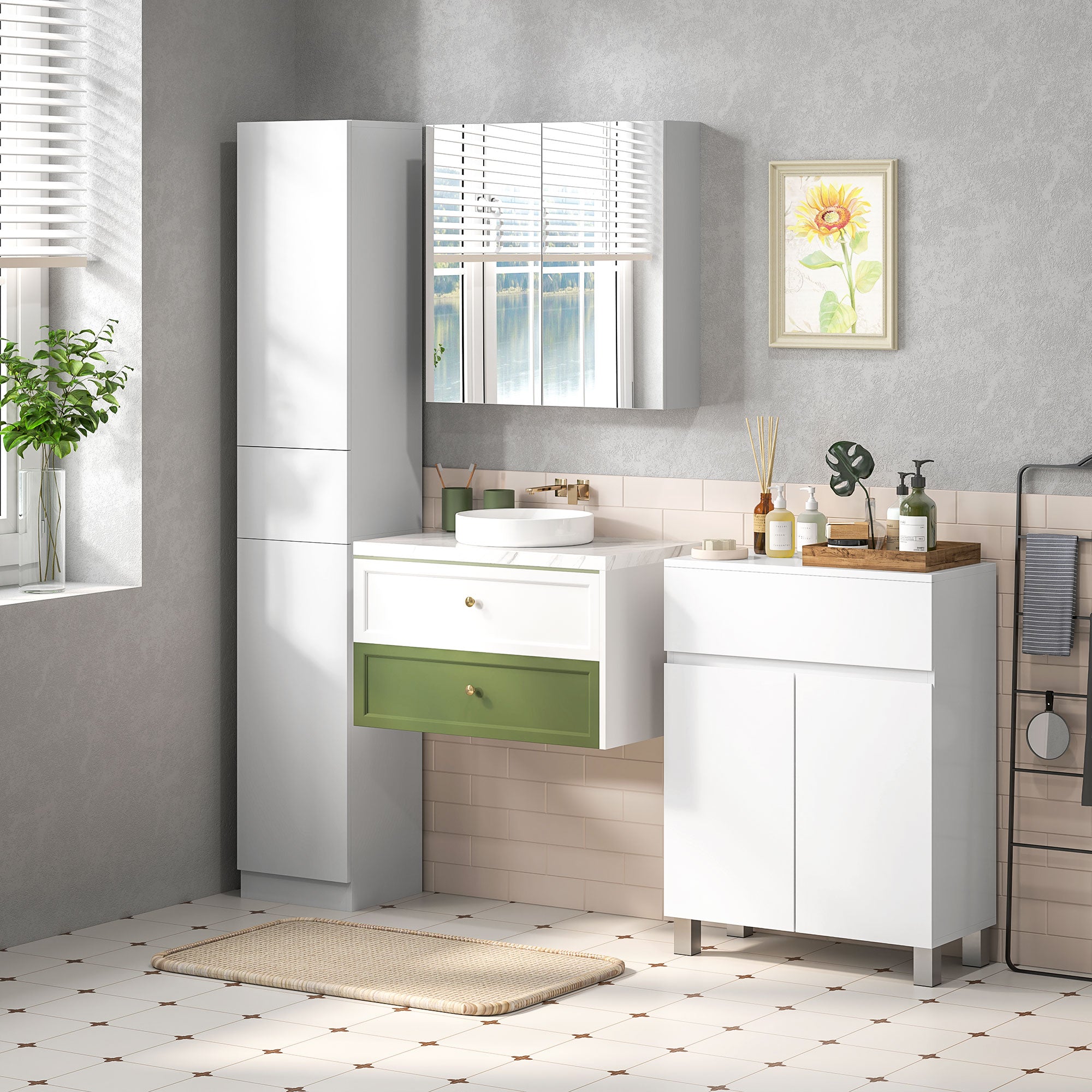 Wall-mounted bathroom cabinet, storage cupboard, 3 levels, adjustable shelf, 2 doors and mirrors, suspended cabinet, 60 x 15 x 60 cm, white