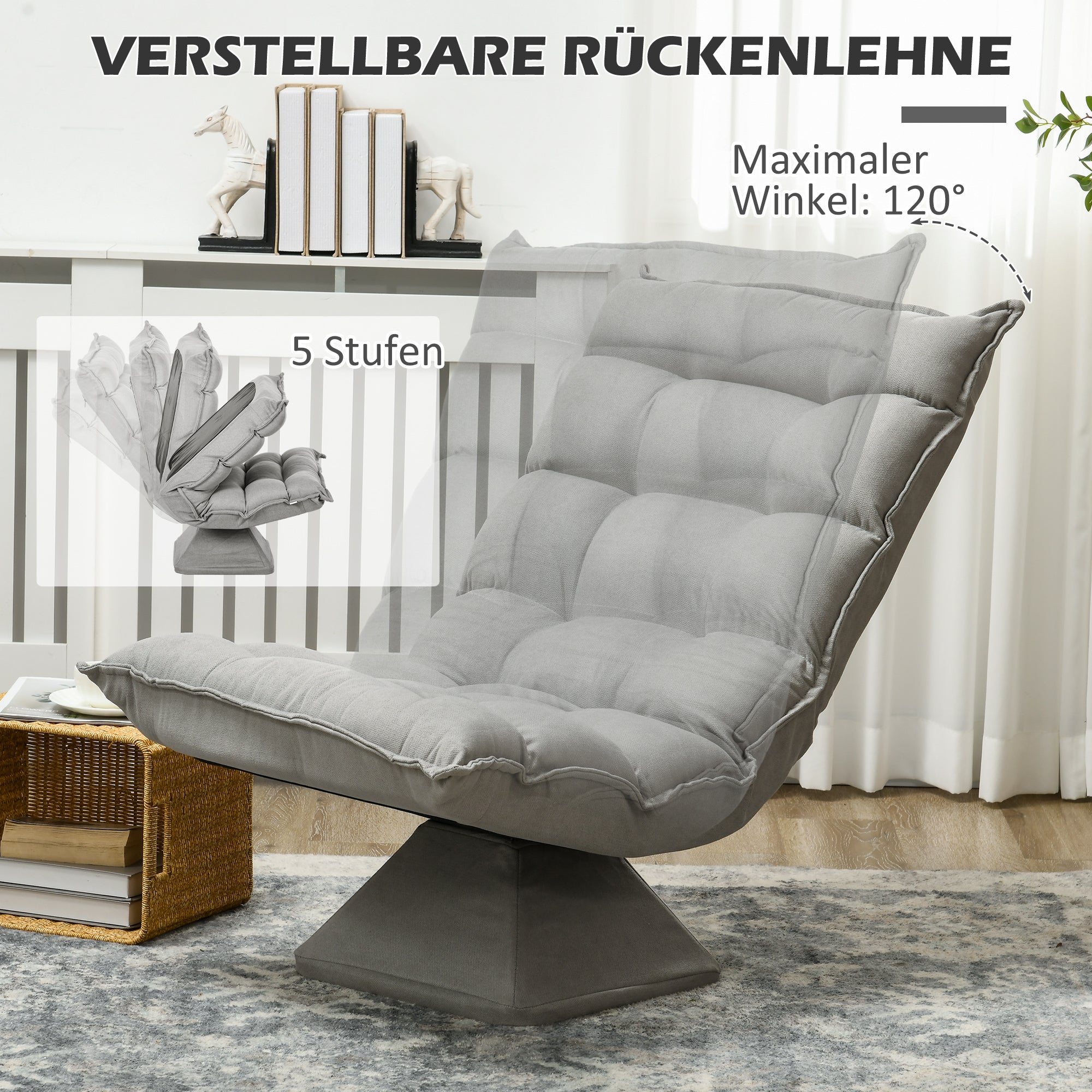 Floor Chair Floor Sofa with Adjustable Backrest, Swivel Meditation Chair with Base, Lazy Sofa, Padded Recliner for Office, Living Room, Light Gray