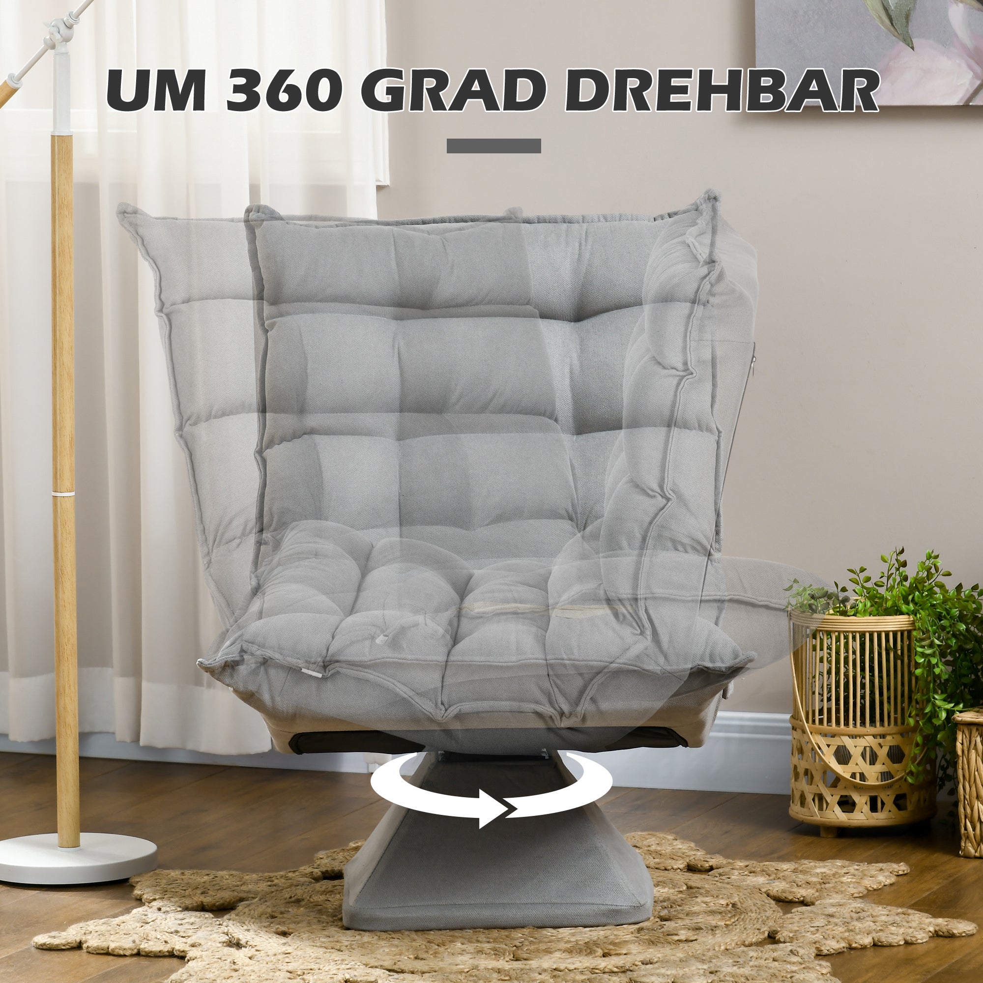 Floor Chair Floor Sofa with Adjustable Backrest, Swivel Meditation Chair with Base, Lazy Sofa, Padded Recliner for Office, Living Room, Light Gray