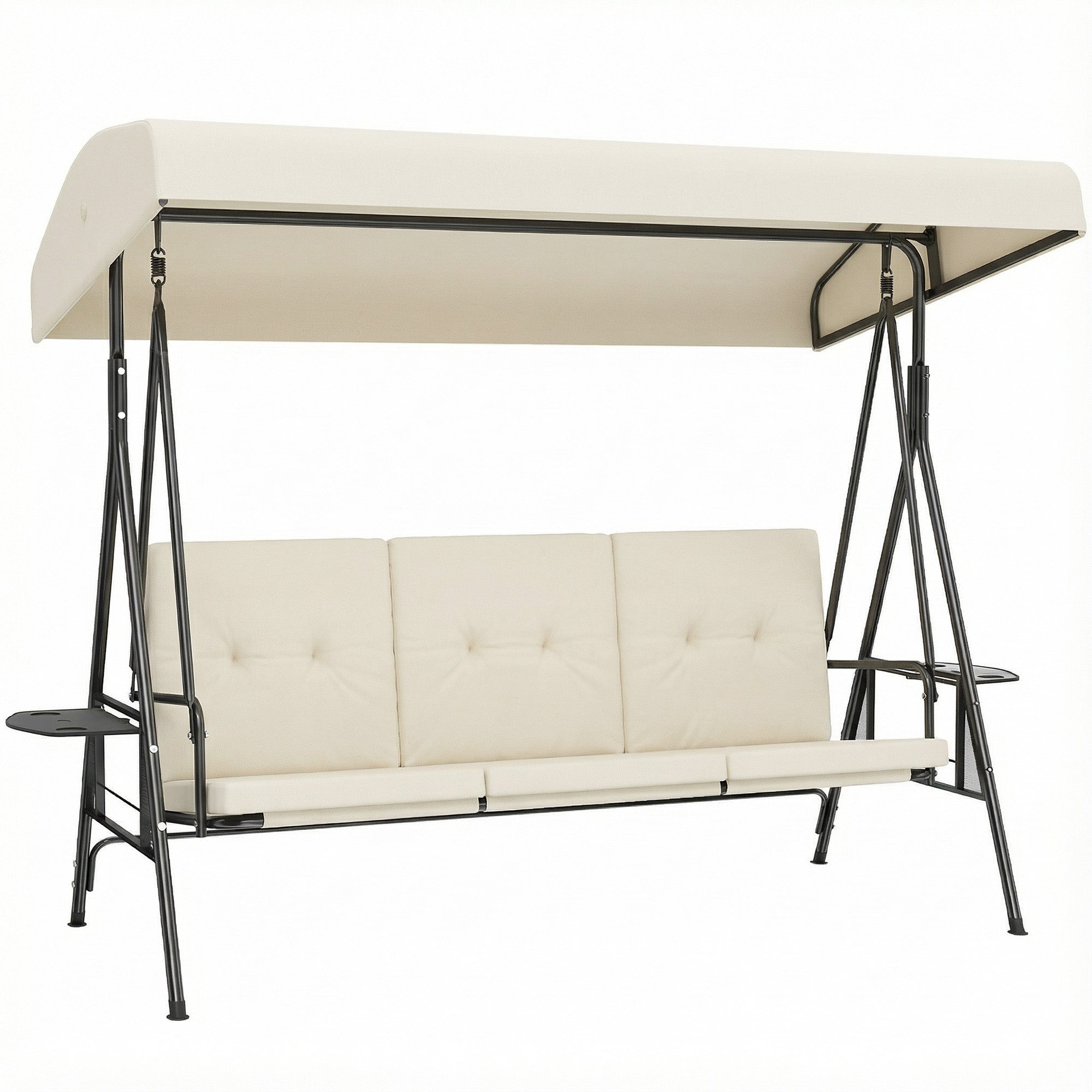 3-Seater Garden Swing — Adjustable Canopy, 2 Side Tables & Cushions, Steel/Polyester, Cream
