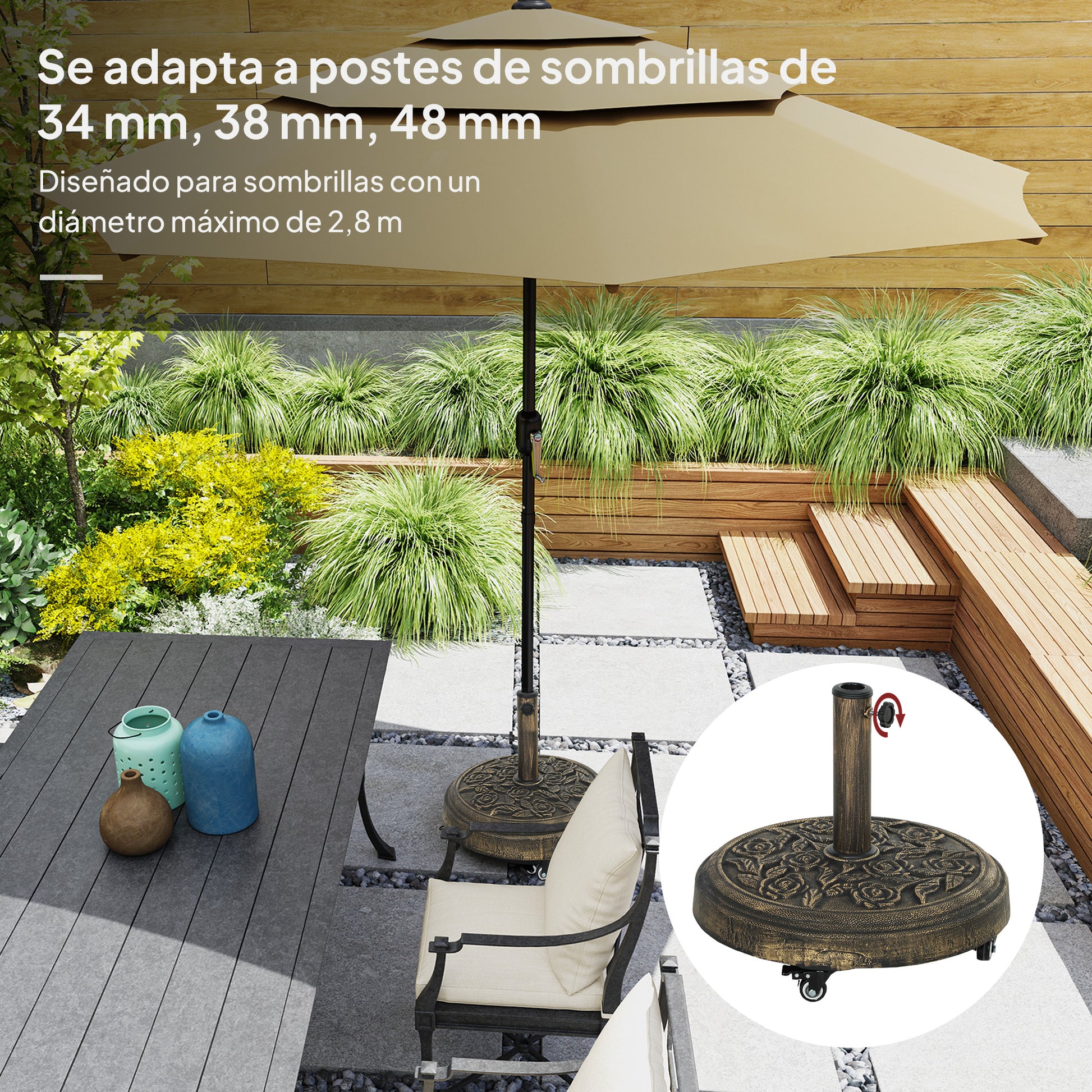 Round Umbrella Base Stand with Wheels Cement Filled 21 kg Weight for Garden Terrace Bronze