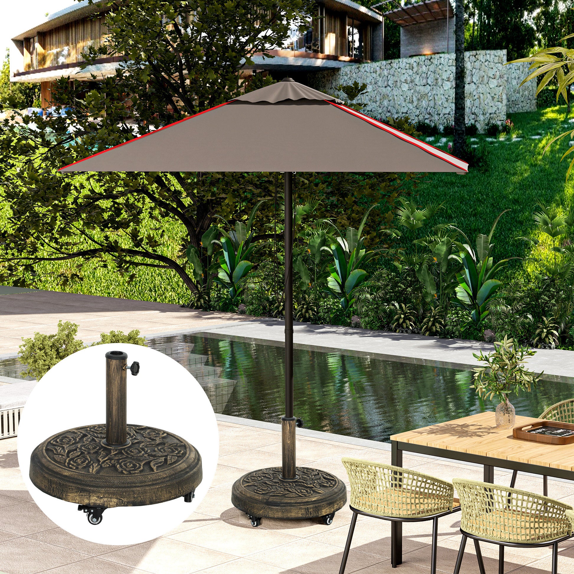 Round Umbrella Base Stand with Wheels Cement Filled 21 kg Weight for Garden Terrace Bronze
