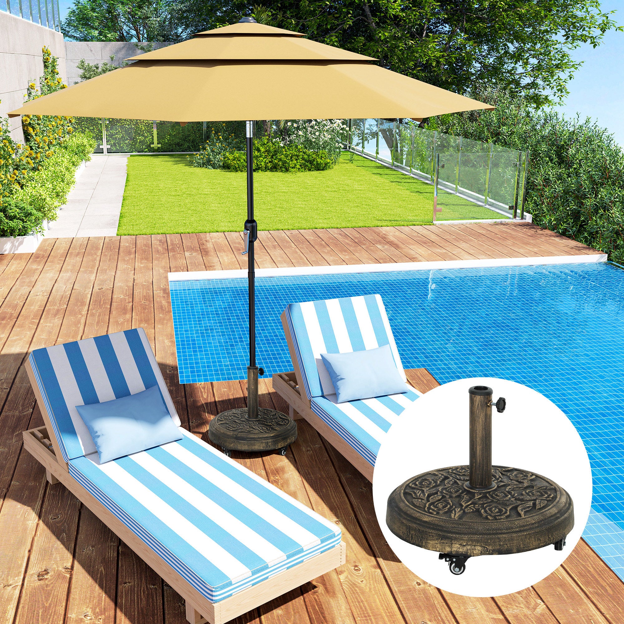 Round Umbrella Base Stand with Wheels Cement Filled 21 kg Weight for Garden Terrace Bronze