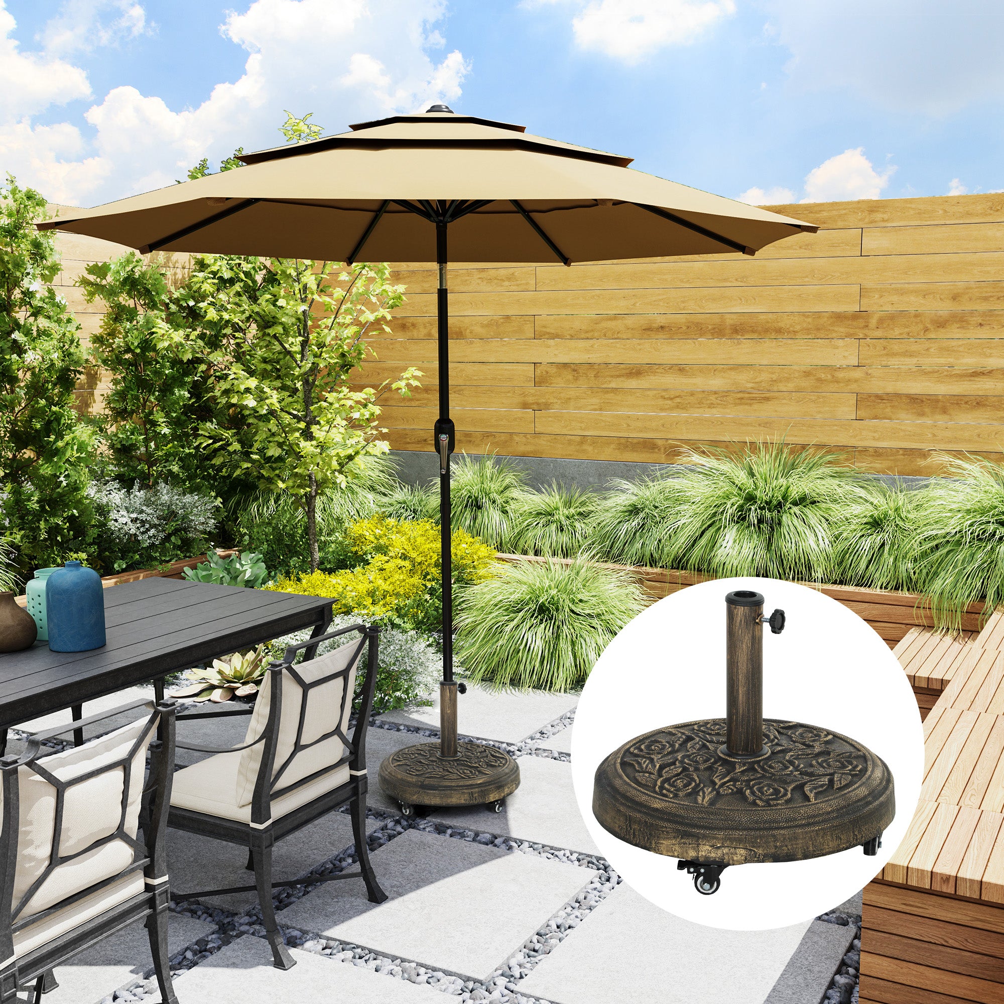 Round Umbrella Base Stand with Wheels Cement Filled 21 kg Weight for Garden Terrace Bronze