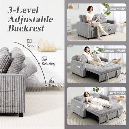 2-Seater Convertible Sofa Bed, Corduroy Upholstery, Light Gray