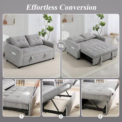 2-Seater Convertible Sofa Bed, Corduroy Upholstery, Light Gray
