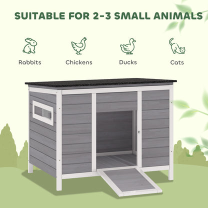 Weatherproof Wooden Duck House with Removable Floor, Sliding Windows & Asphalt Roof — Elevated Coop with Ramp for 2–3 Ducks/Chickens, Gray (93 x 70 x 72 cm / 36.6 x 27.6 x 28.3 in)