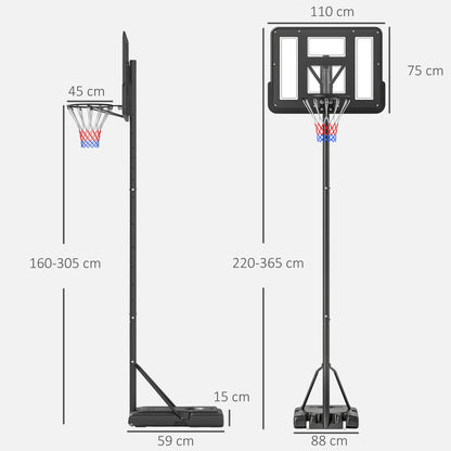 Outdoor Basketball Hoop with Adjustable Height 220-365 cm Portable Basketball Hoop with Stand Basketball Hoop with Wheels Fillable Base Black