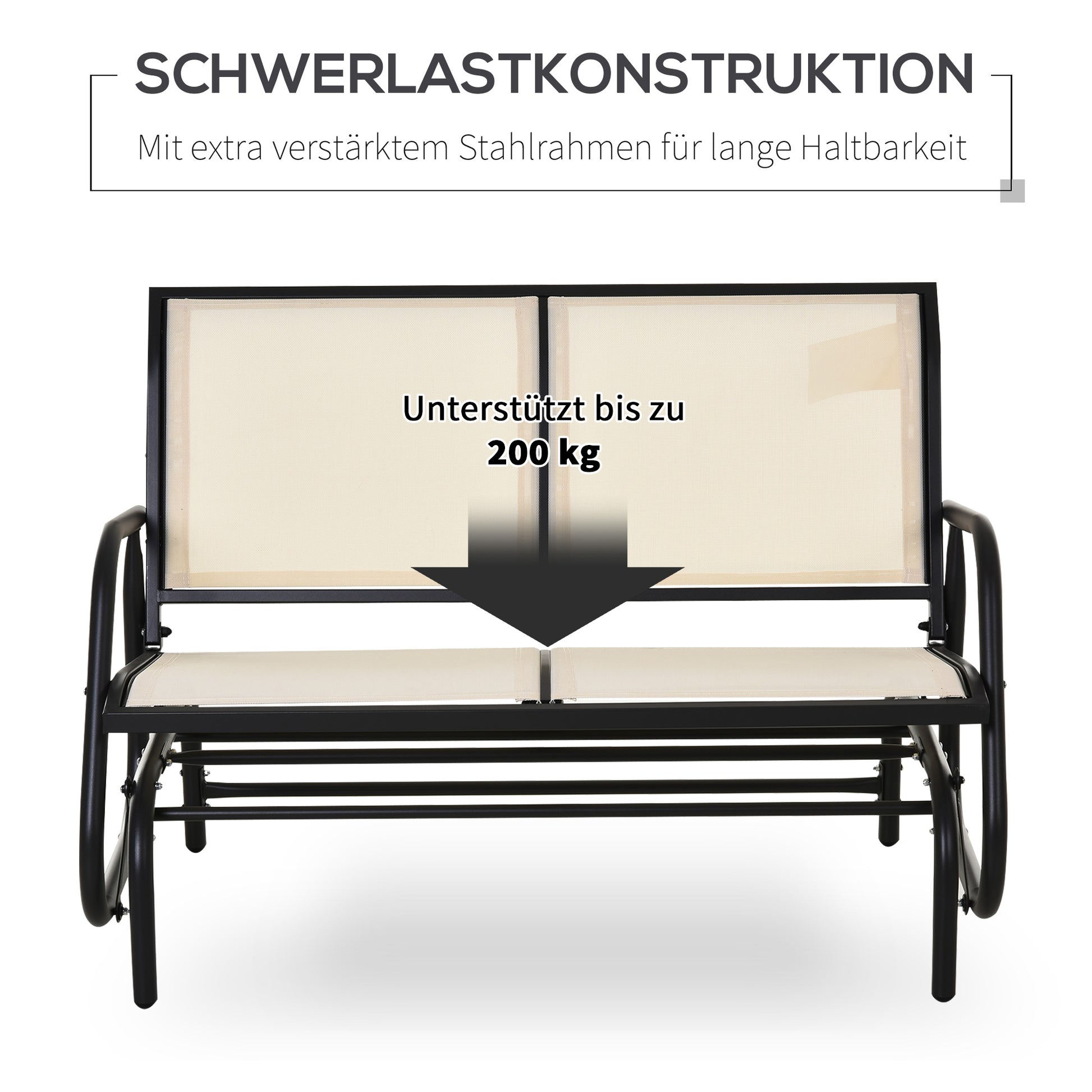 2-Seater Rocking Chair Garden Bench with Rocking Mechanism Garden Swing Bench made of Metal Park Bench loadable up to 200 kg Garden Furniture for Garden, Terrace, 120 x 70 x 85 cm Black+Beige