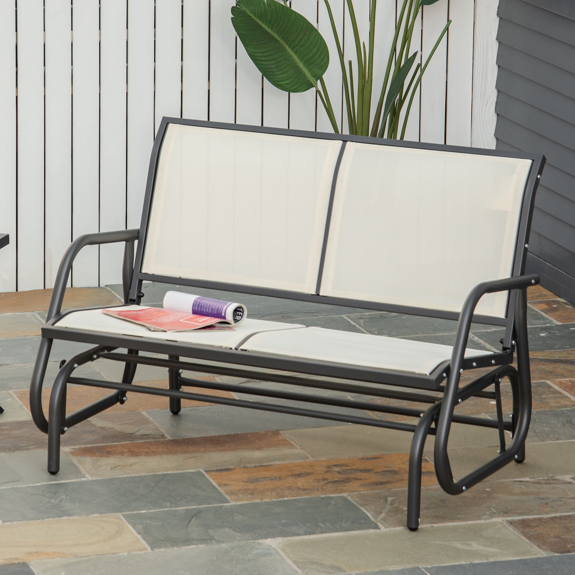 2-Seater Rocking Chair Garden Bench with Rocking Mechanism Garden Swing Bench made of Metal Park Bench loadable up to 200 kg Garden Furniture for Garden, Terrace, 120 x 70 x 85 cm Black+Beige