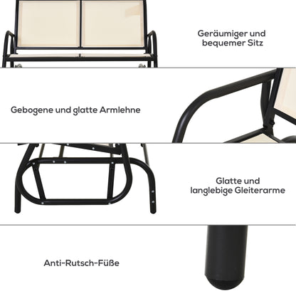 2-Seater Rocking Chair Garden Bench with Rocking Mechanism Garden Swing Bench made of Metal Park Bench loadable up to 200 kg Garden Furniture for Garden, Terrace, 120 x 70 x 85 cm Black+Beige