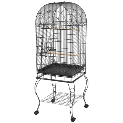 Bird Cage with Wheels Outdoor Bird Aviary with Removable Tray Grille 2 Stainless Steel Bowls Shelf and Perch for Budgies 51x51x153 cm Black