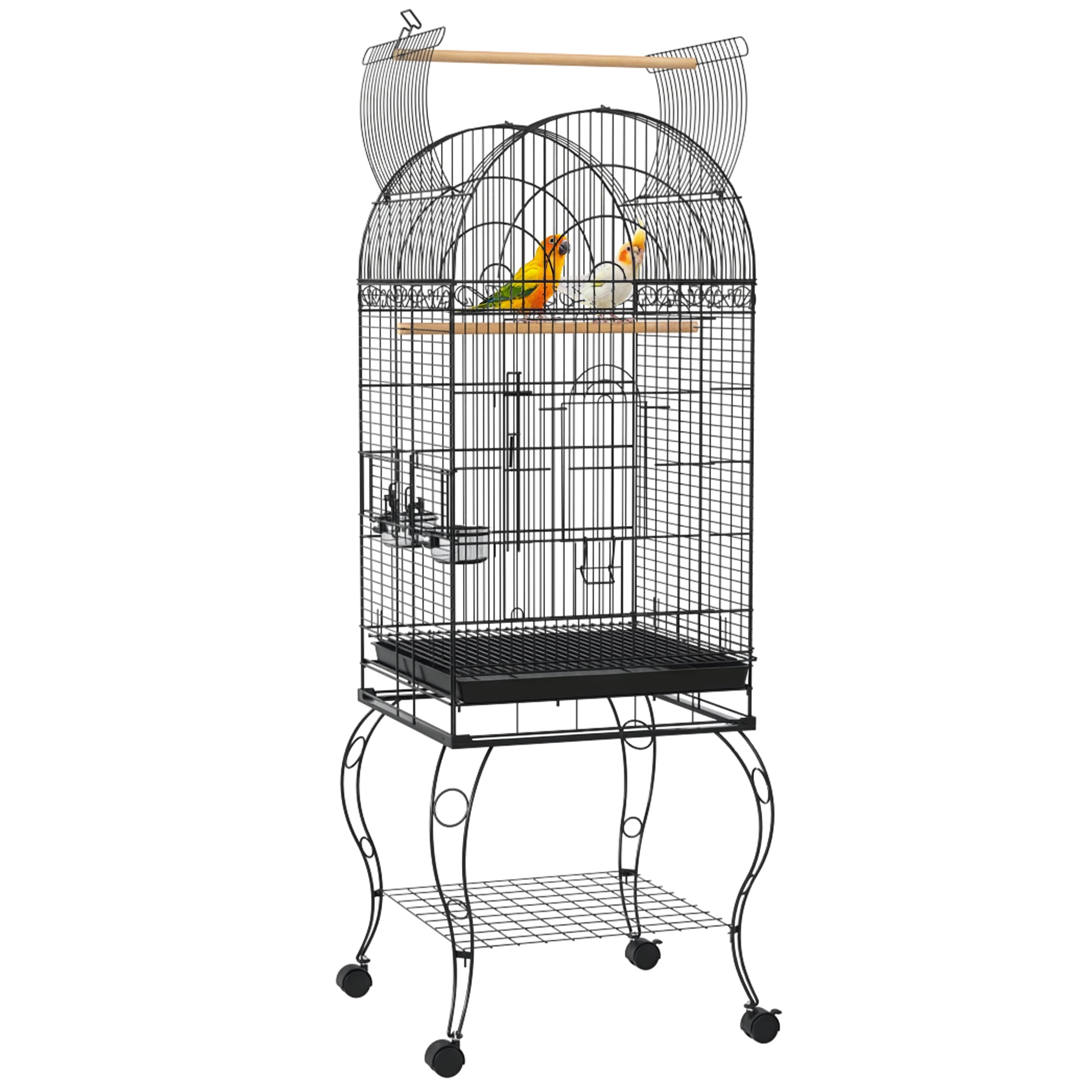 Bird Cage with Wheels Outdoor Bird Aviary with Removable Tray Grille 2 Stainless Steel Bowls Shelf and Perch for Budgies 51x51x153 cm Black
