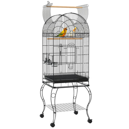 Bird Cage with Wheels Outdoor Bird Aviary with Removable Tray Grille 2 Stainless Steel Bowls Shelf and Perch for Budgies 51x51x153 cm Black