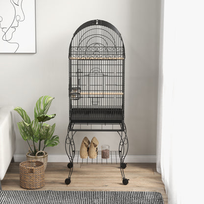 Bird Cage with Wheels Outdoor Bird Aviary with Removable Tray Grille 2 Stainless Steel Bowls Shelf and Perch for Budgies 51x51x153 cm Black