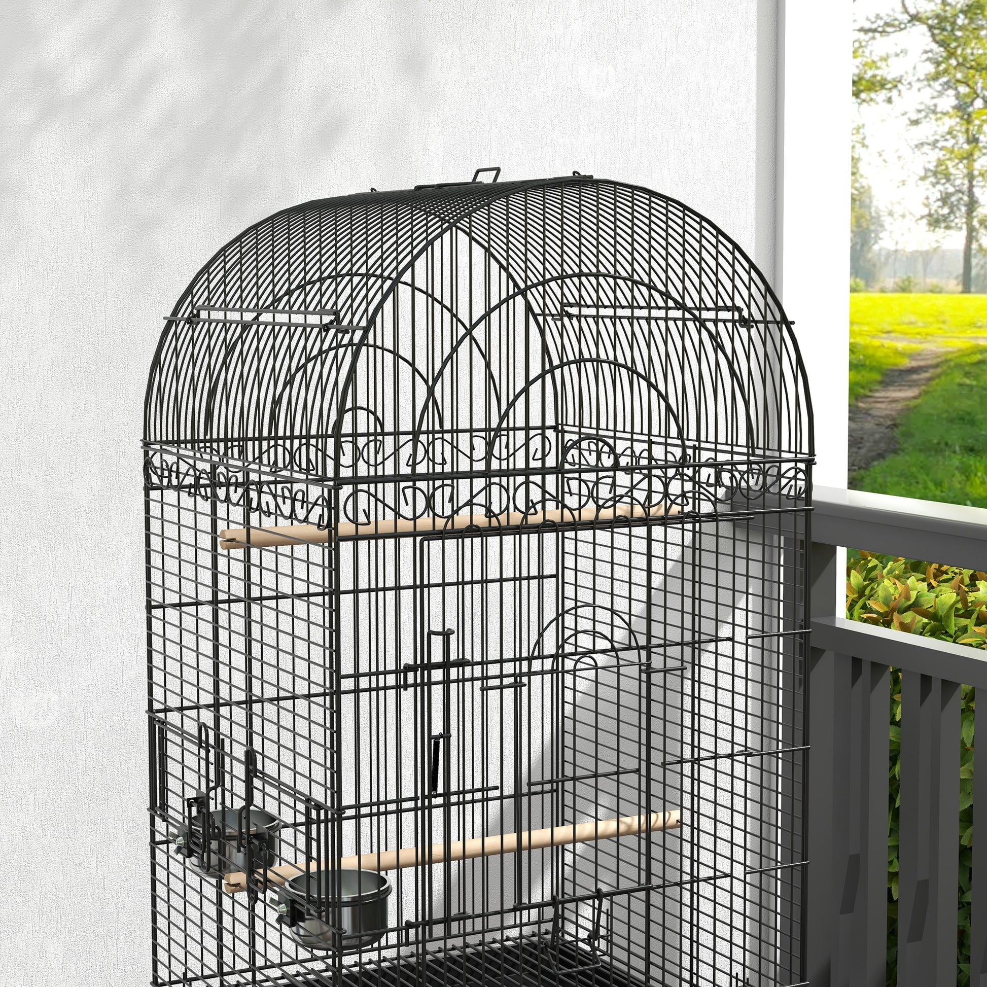 Bird Cage with Wheels Outdoor Bird Aviary with Removable Tray Grille 2 Stainless Steel Bowls Shelf and Perch for Budgies 51x51x153 cm Black