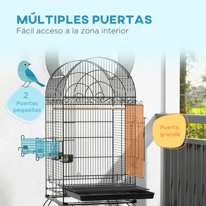 Bird Cage with Wheels Outdoor Bird Aviary with Removable Tray Grille 2 Stainless Steel Bowls Shelf and Perch for Budgies 51x51x153 cm Black