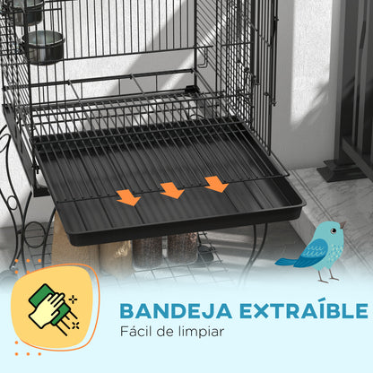 Bird Cage with Wheels Outdoor Bird Aviary with Removable Tray Grille 2 Stainless Steel Bowls Shelf and Perch for Budgies 51x51x153 cm Black