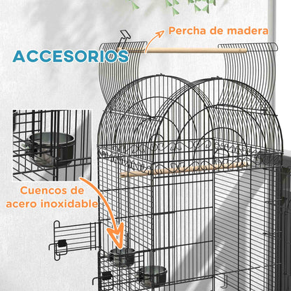 Bird Cage with Wheels Outdoor Bird Aviary with Removable Tray Grille 2 Stainless Steel Bowls Shelf and Perch for Budgies 51x51x153 cm Black