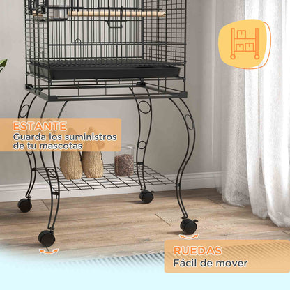 Bird Cage with Wheels Outdoor Bird Aviary with Removable Tray Grille 2 Stainless Steel Bowls Shelf and Perch for Budgies 51x51x153 cm Black