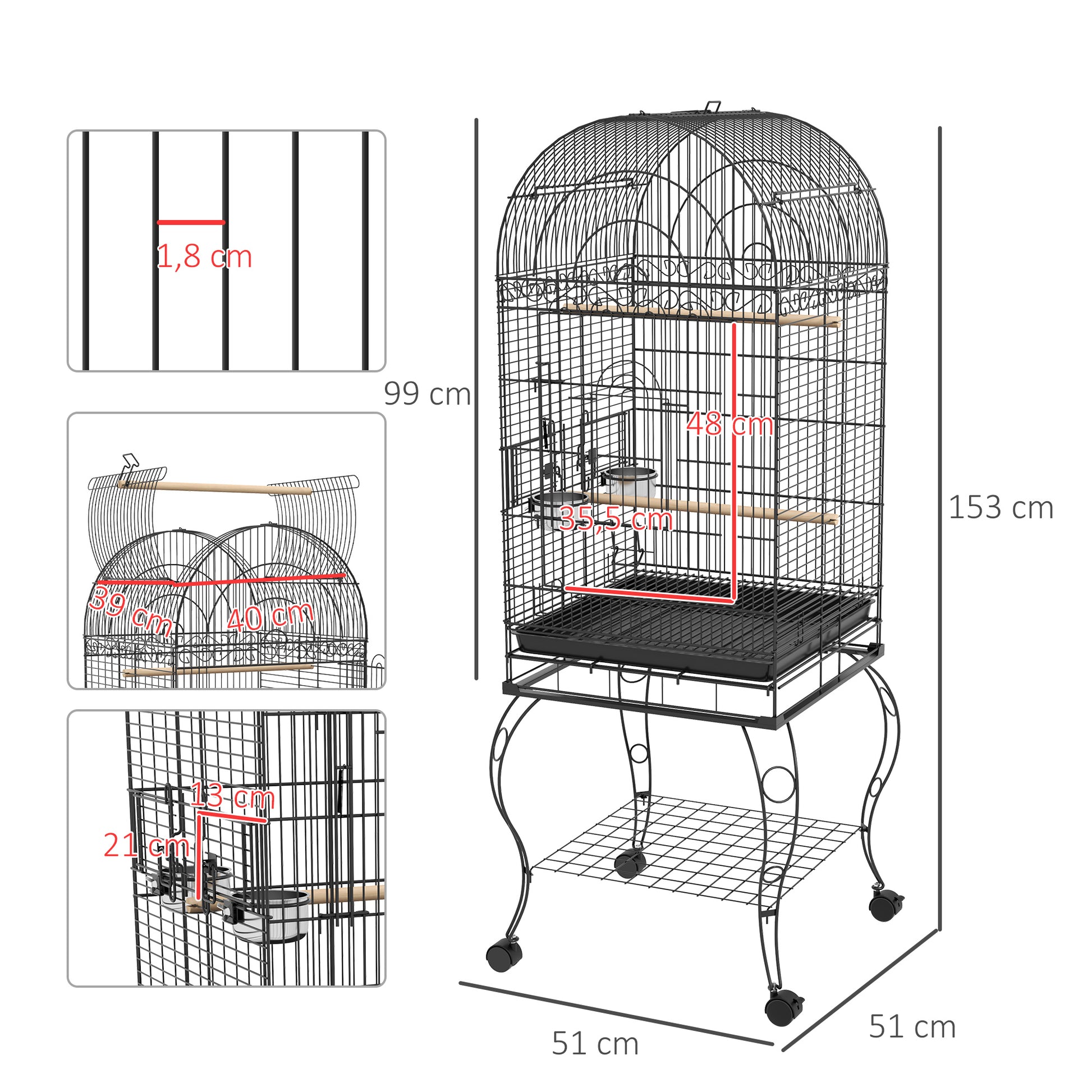 Bird Cage with Wheels Outdoor Bird Aviary with Removable Tray Grille 2 Stainless Steel Bowls Shelf and Perch for Budgies 51x51x153 cm Black
