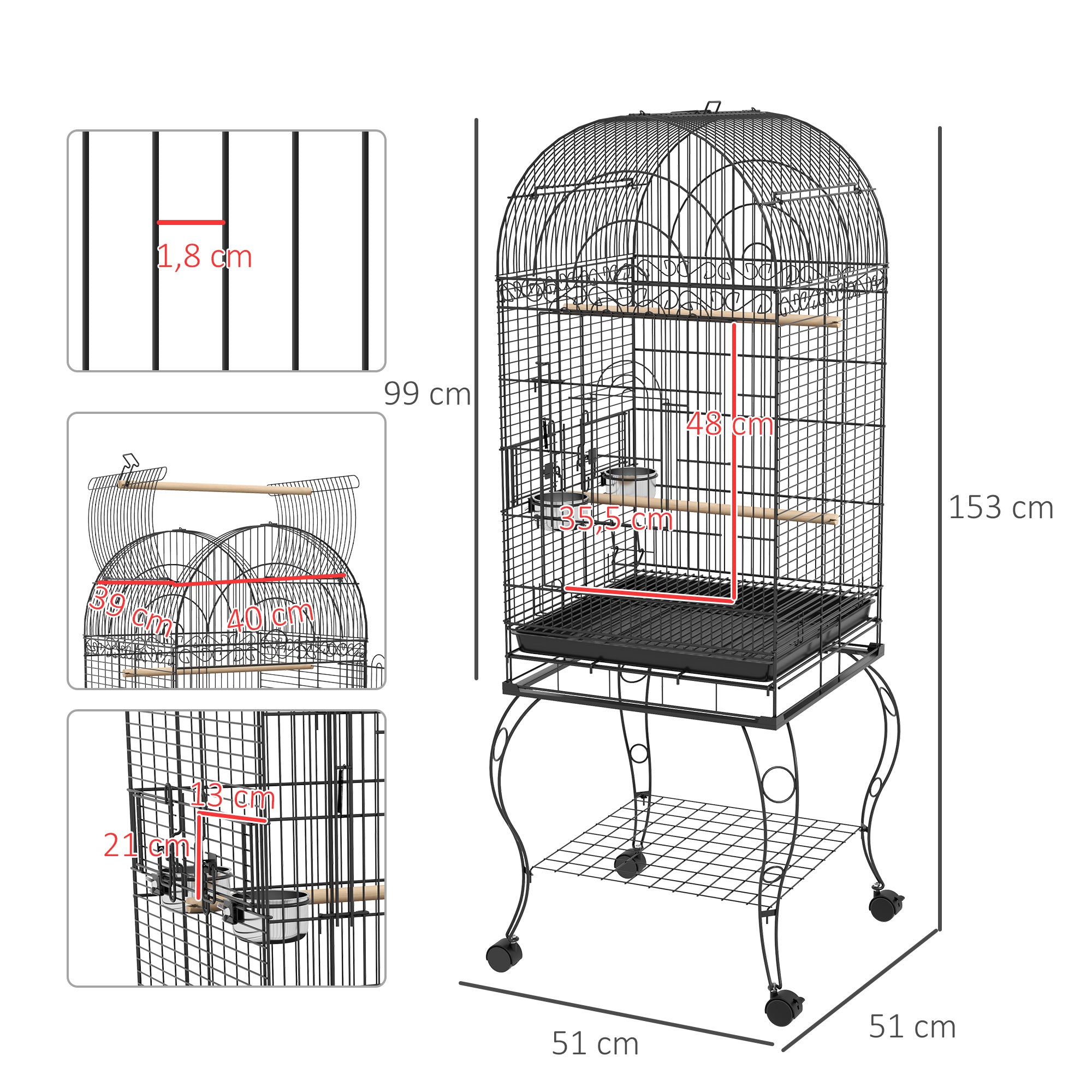 Bird Cage with Wheels Outdoor Bird Aviary with Removable Tray Grille 2 Stainless Steel Bowls Shelf and Perch for Budgies 51x51x153 cm Black