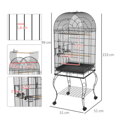 Bird Cage with Wheels Outdoor Bird Aviary with Removable Tray Grille 2 Stainless Steel Bowls Shelf and Perch for Budgies 51x51x153 cm Black