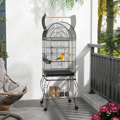 Bird Cage with Wheels Outdoor Bird Aviary with Removable Tray Grille 2 Stainless Steel Bowls Shelf and Perch for Budgies 51x51x153 cm Black