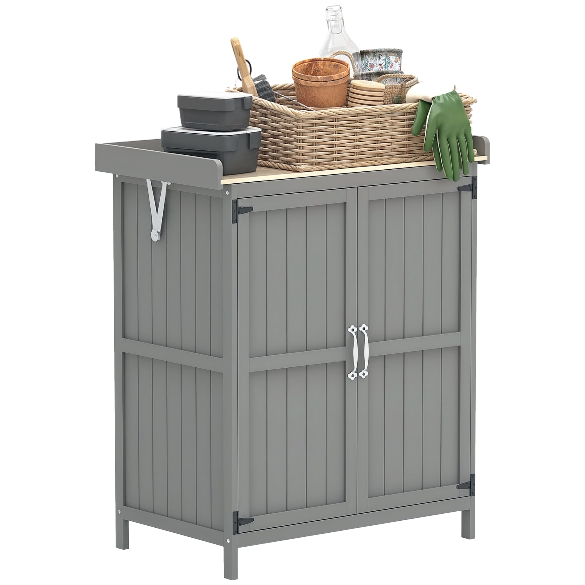 Garden Cabinet Wood, Weatherproof Tool Shed 74x43x88cm, Tool House with Folding Roof Shelves, Work Surface, Tool Cabinet, Garden House Tool Cabinet Garden Shed for Garden, Gray