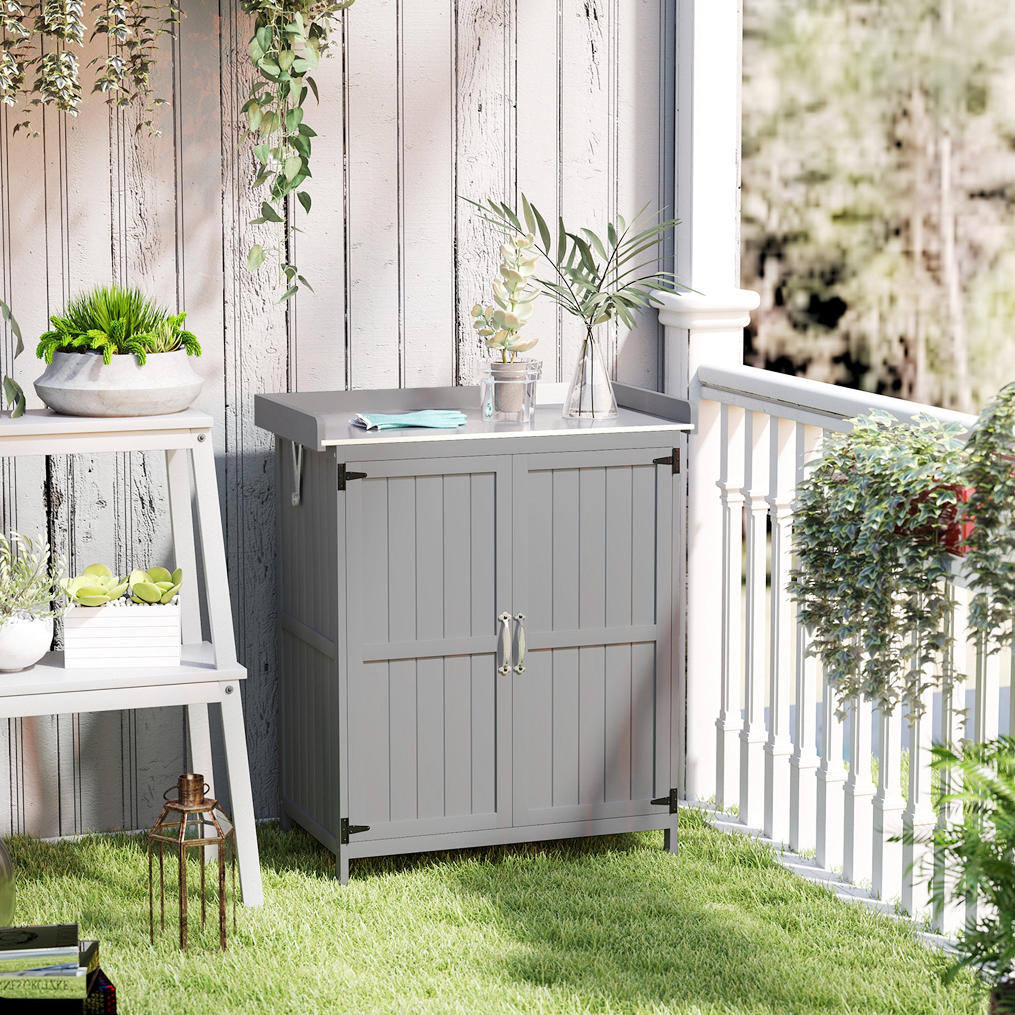 Garden Cabinet Wood, Weatherproof Tool Shed 74x43x88cm, Tool House with Folding Roof Shelves, Work Surface, Tool Cabinet, Garden House Tool Cabinet Garden Shed for Garden, Gray