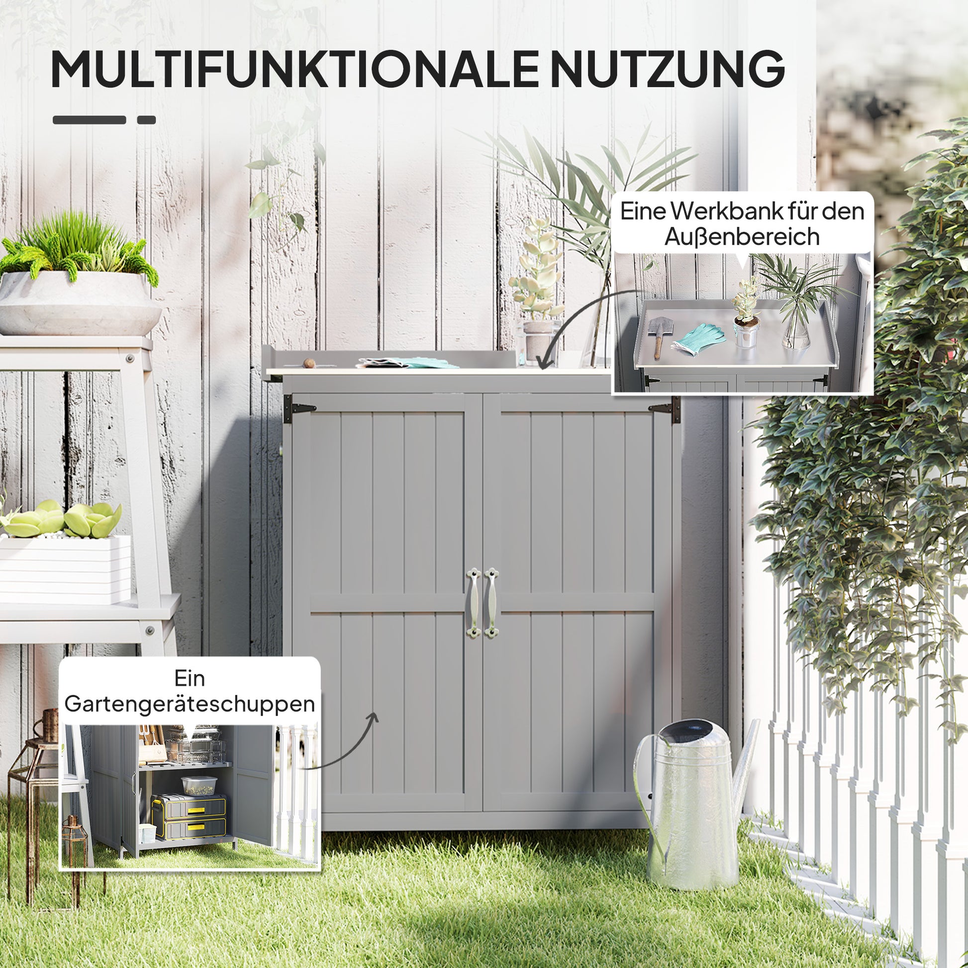 Garden Cabinet Wood, Weatherproof Tool Shed 74x43x88cm, Tool House with Folding Roof Shelves, Work Surface, Tool Cabinet, Garden House Tool Cabinet Garden Shed for Garden, Gray