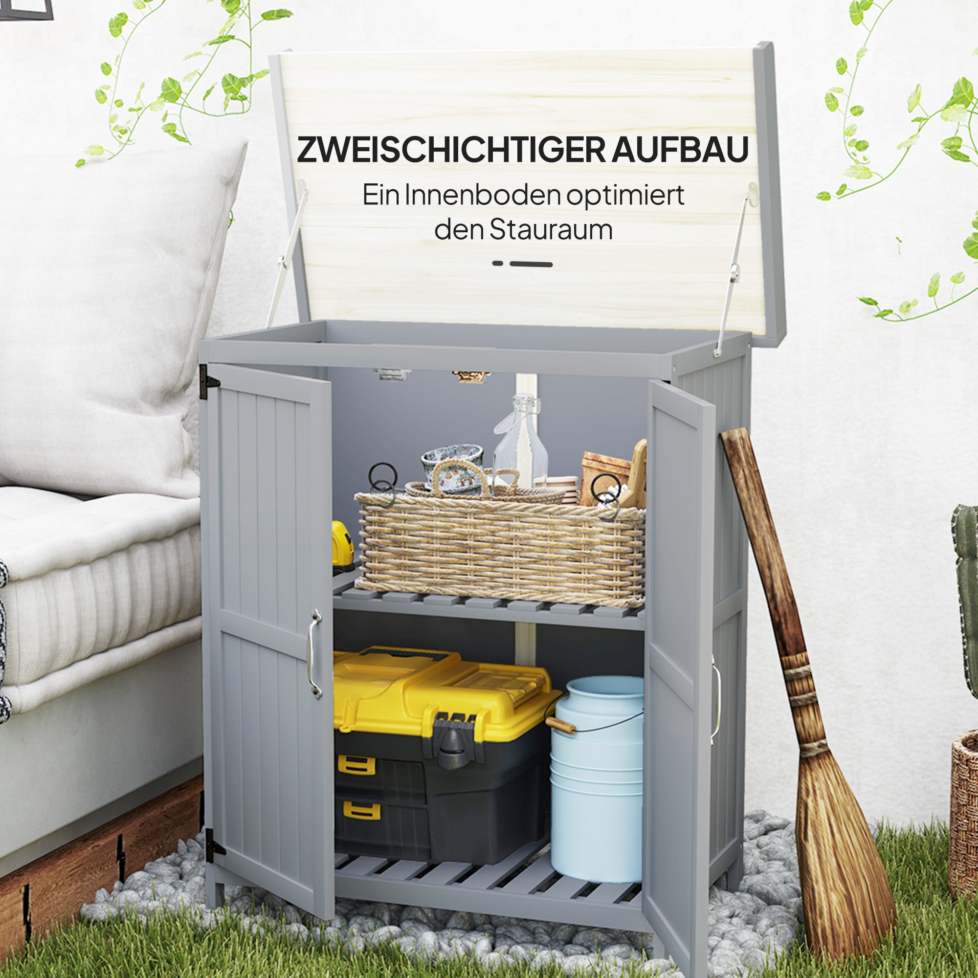 Garden Cabinet Wood, Weatherproof Tool Shed 74x43x88cm, Tool House with Folding Roof Shelves, Work Surface, Tool Cabinet, Garden House Tool Cabinet Garden Shed for Garden, Gray