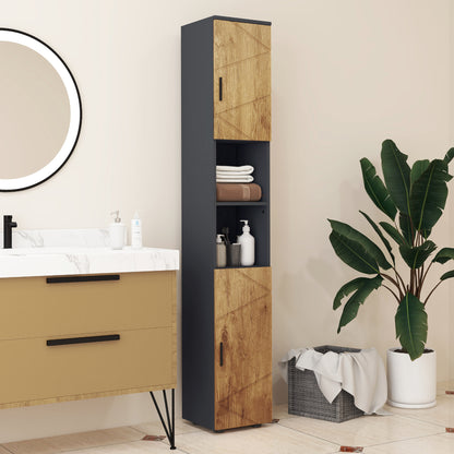 Bathroom Storage Column Cabinet 2 Doors Adjustable Shelf 2 Niches Toilet Cabinet 30 x 30 x 183 cm Dark Oak