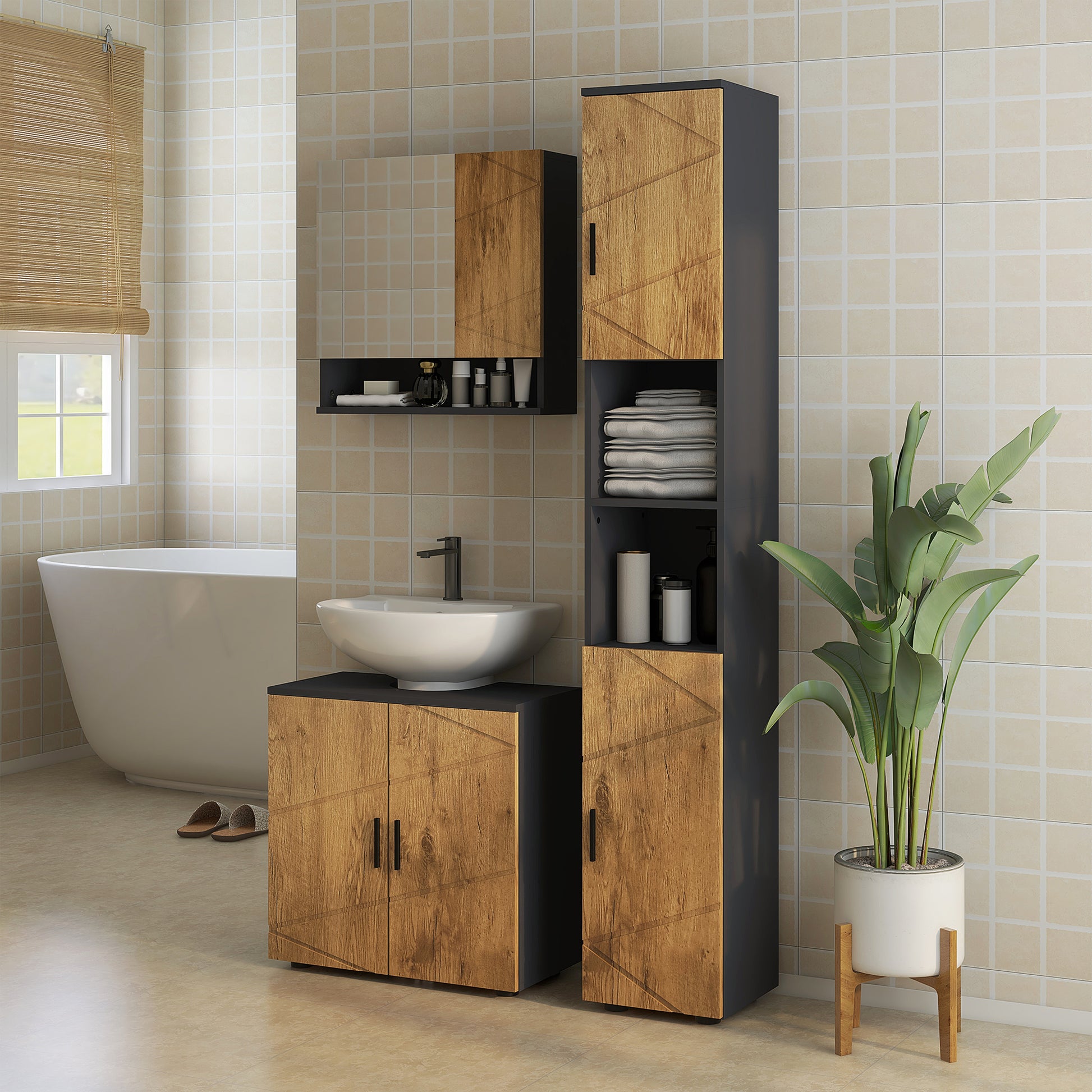 Bathroom Storage Column Cabinet 2 Doors Adjustable Shelf 2 Niches Toilet Cabinet 30 x 30 x 183 cm Dark Oak