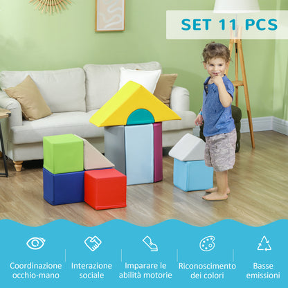 Soft Building Blocks Set for Children 1-3 Years with 11 Shapes, Foam Blocks Game for Kids, PU and EPE Material, Multicolour