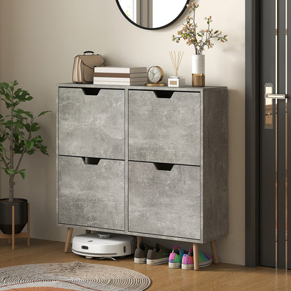 Entryway Shoe Cabinet with 4 Flip Drawers on 2 Levels for 16 Pairs of Shoes, Space-Saving Shoe Cabinet with Adjustable Shelves in Chipboard and Pine Wood, 95x26x95 cm, Gray