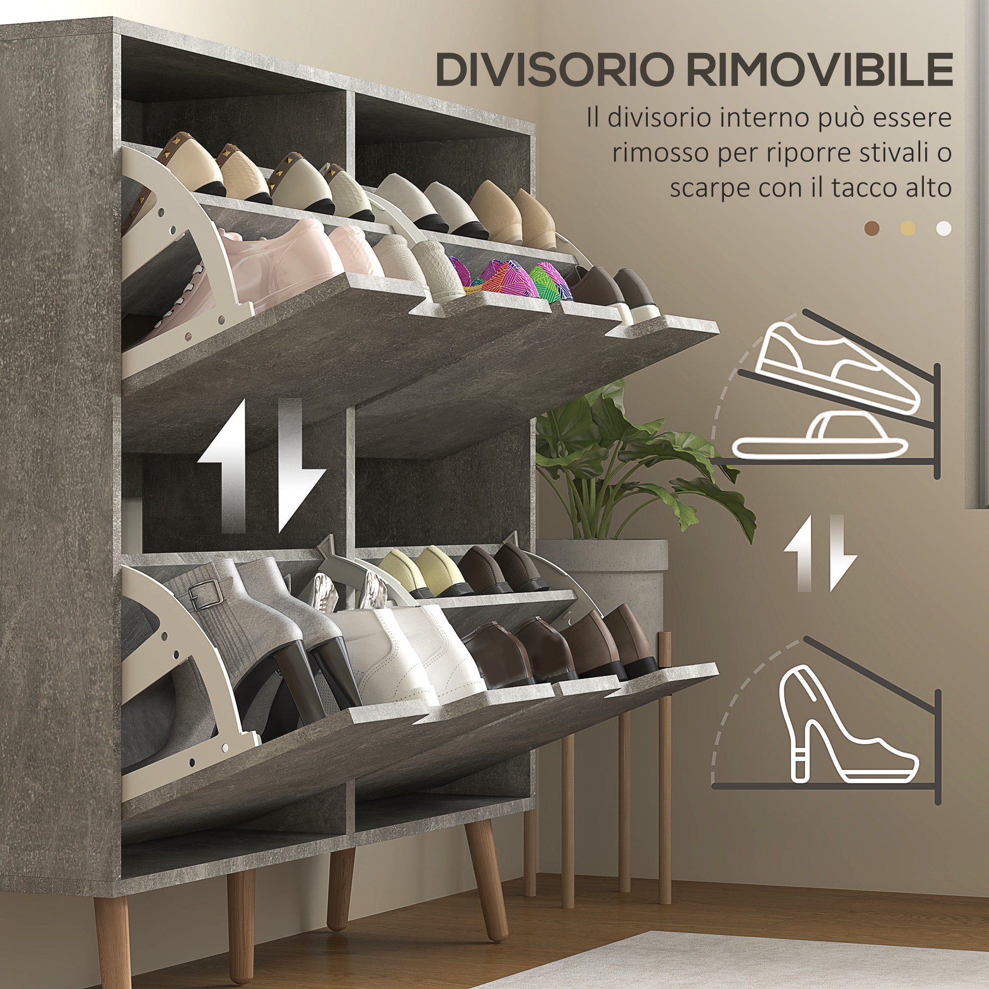 Entryway Shoe Cabinet with 4 Flip Drawers on 2 Levels for 16 Pairs of Shoes, Space-Saving Shoe Cabinet with Adjustable Shelves in Chipboard and Pine Wood, 95x26x95 cm, Gray